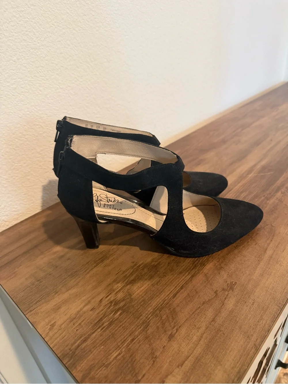 Life Stride Black Suede Crisscross Pointed-Toe Heels